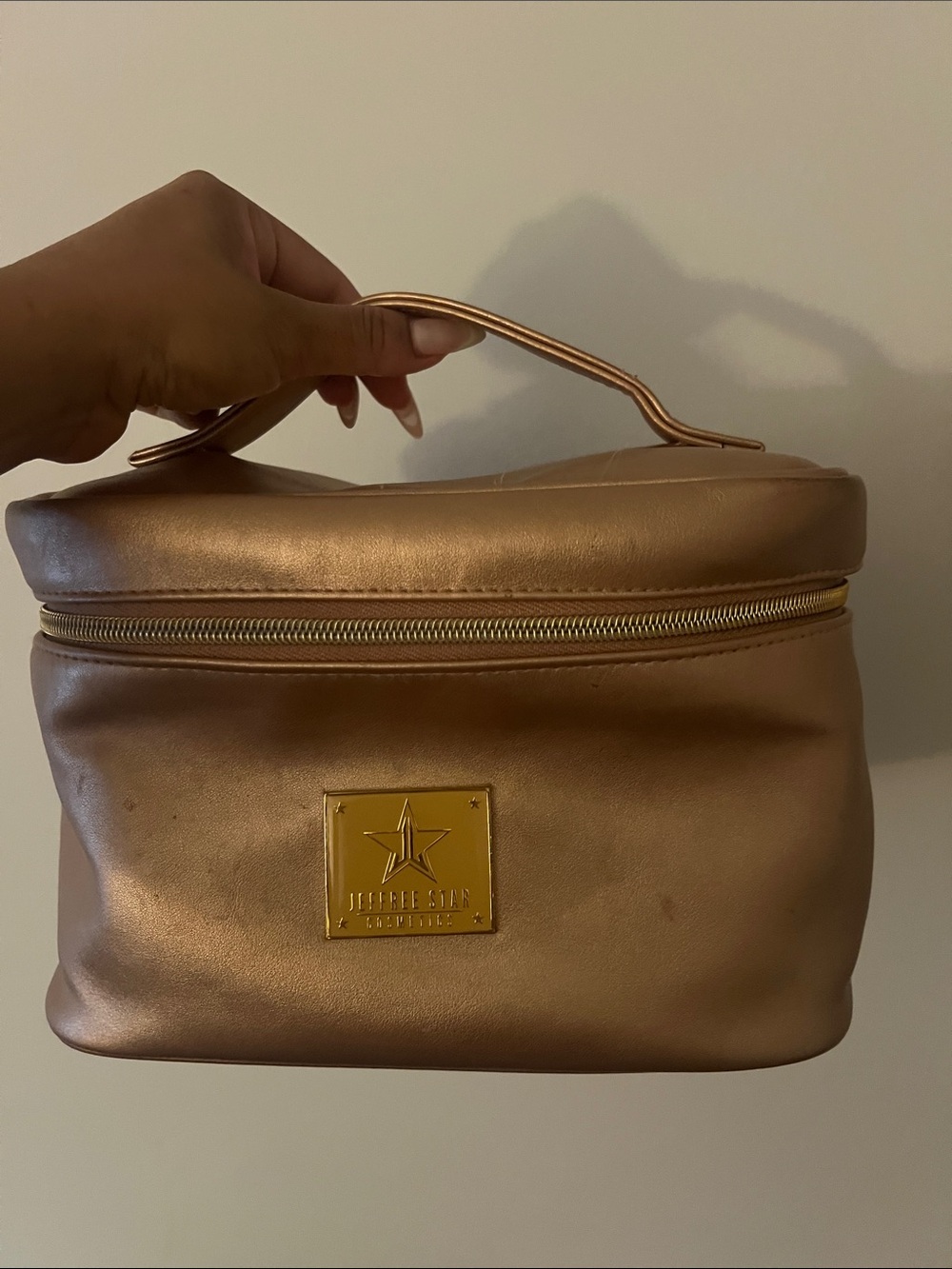 Jeffree Star Metallic Rose Gold Makeup Case with Gold Logo